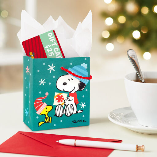 4.6" Peanuts® Snoopy and Woodstock Christmas Gift Card Holder Mini Bag, 