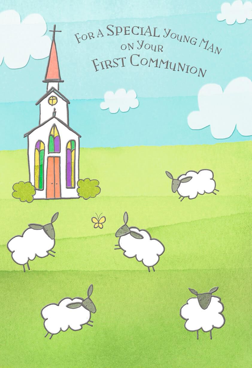 Sheep Grazing in Churchyard First Communion Card for Boy