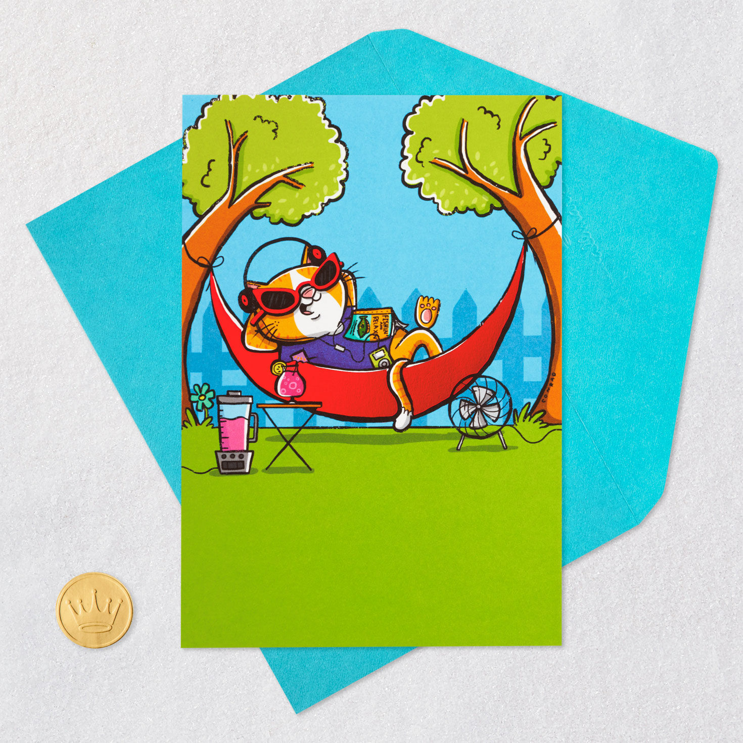 Cat in a Hammock Funny Retirement Card Card Front with Envelope and Gold Seal image number 5