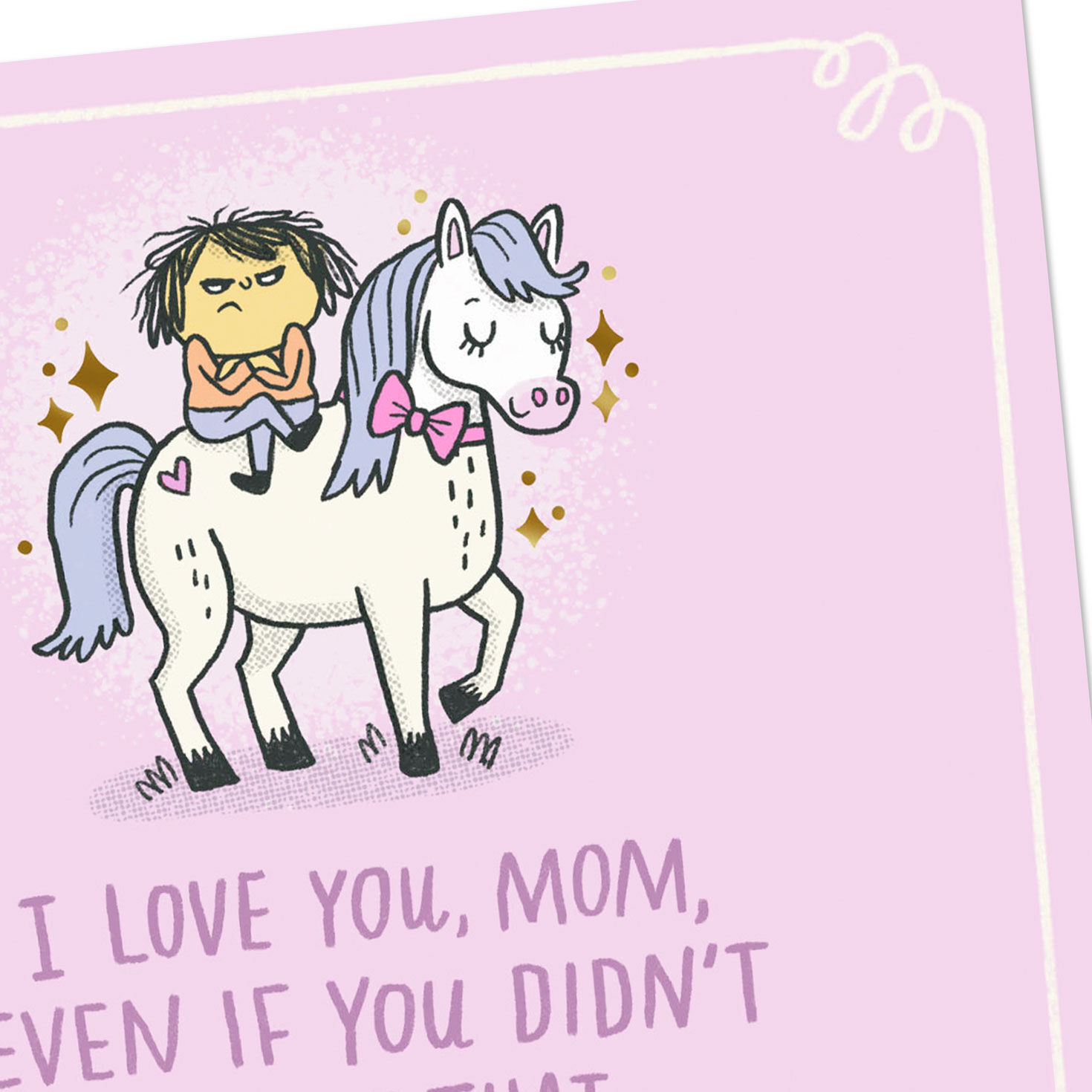 Grumpy Kid on White Pony Funny Card for Mom Card Front Detail image number 4