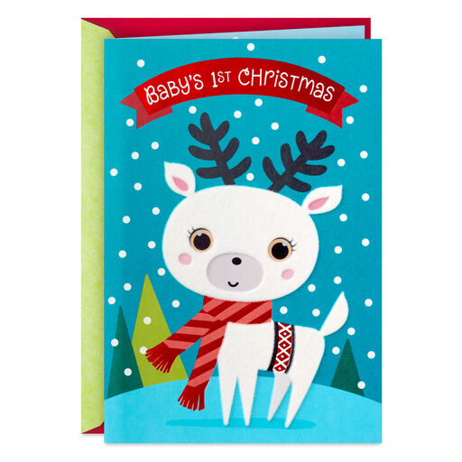 Cute White Deer in Scarf Baby's First Christmas Card, 