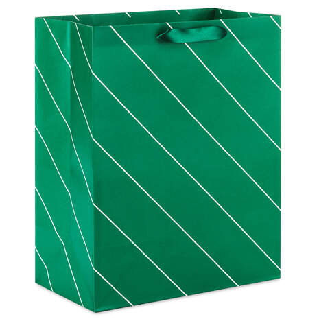 13" Green and White Diagonal Stripe Large Gift Bag, , large