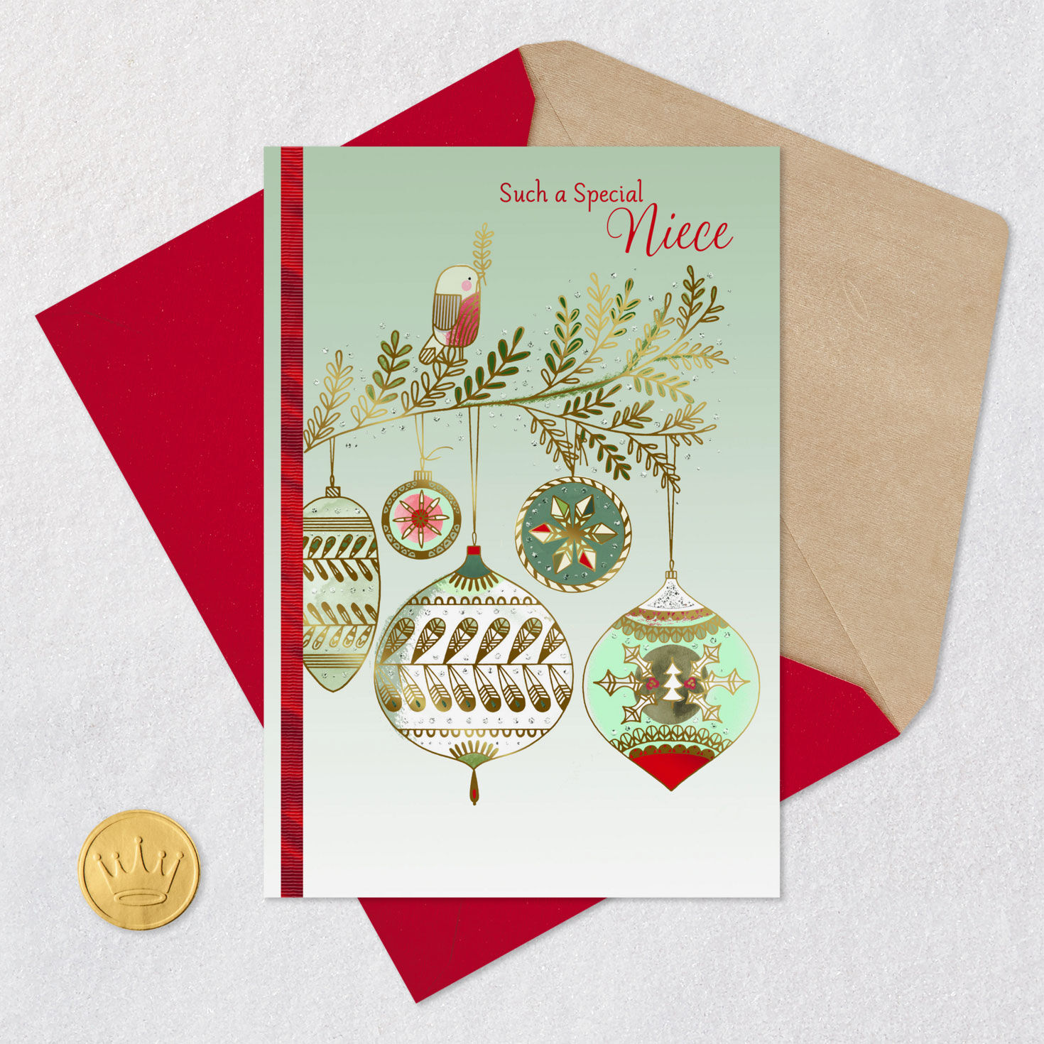 Bird and Ornaments Niece Christmas Card Card Front with Envelope and Gold Seal image number 5
