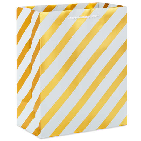 9.6" Gold and White Diagonal Stripes Gift Bag, , large
