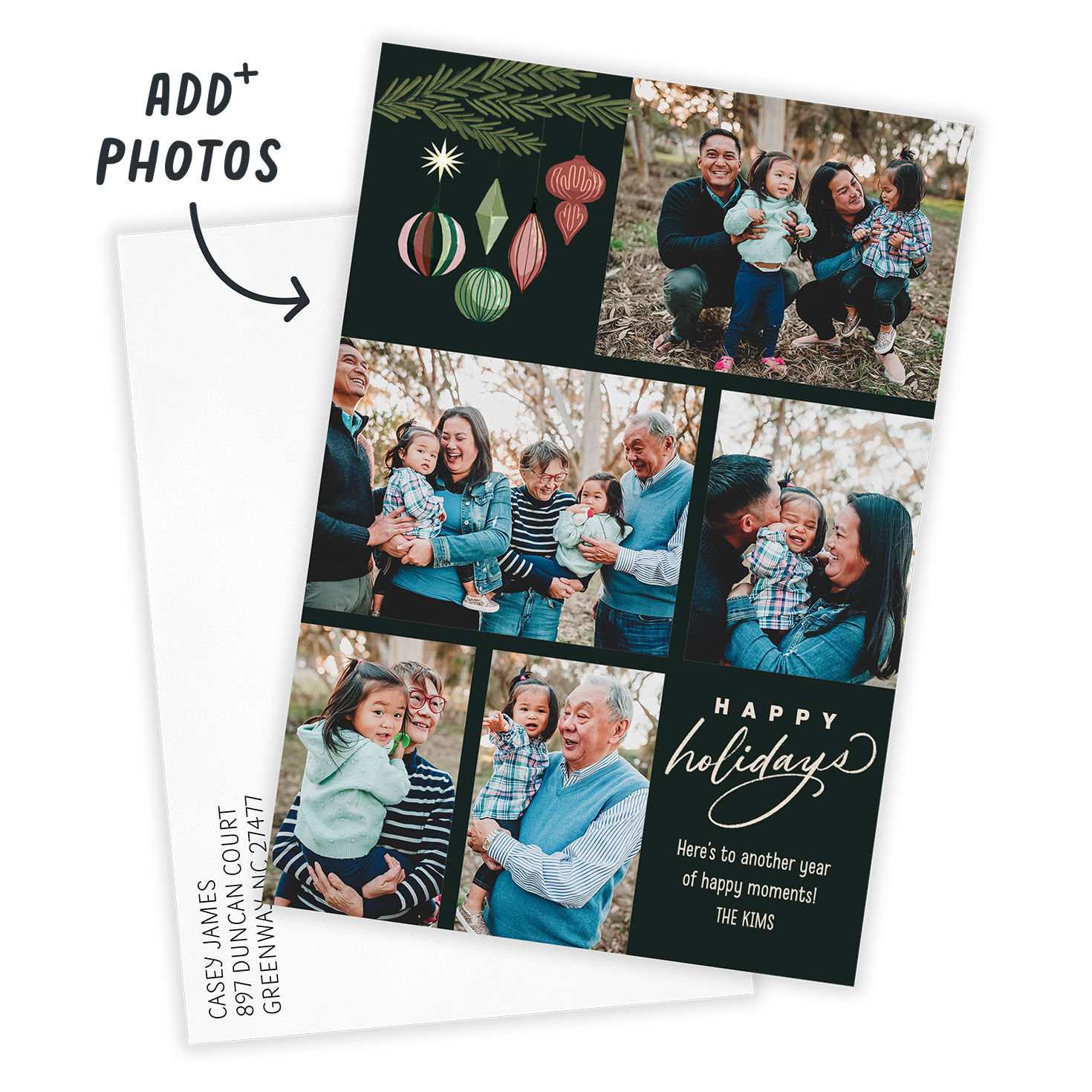 Greenery Ornaments Personalized Holiday Photo Card Card Front indicating personalization image number 2
