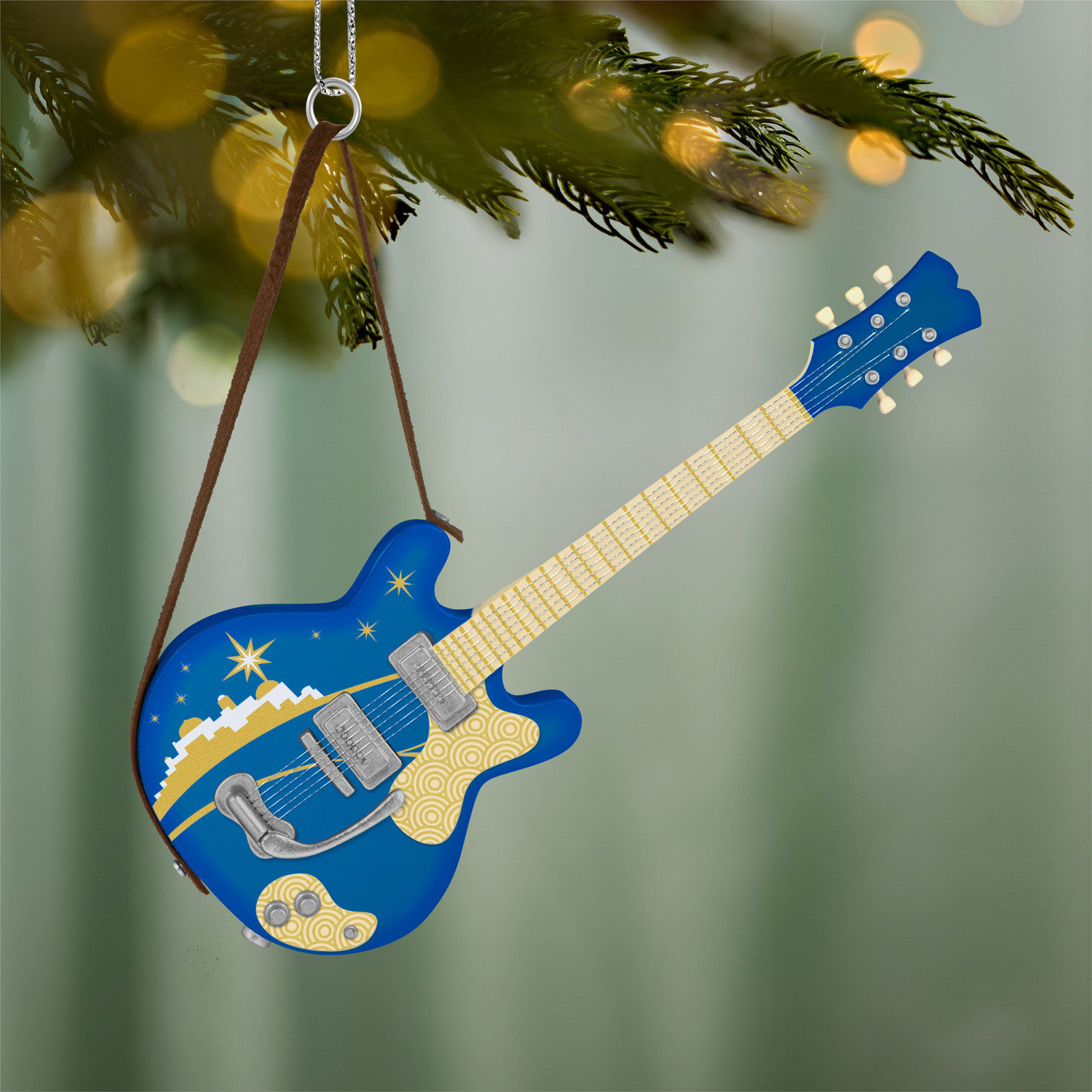 Blue Guitar Keepsake Ornament hanging on tree image number 2