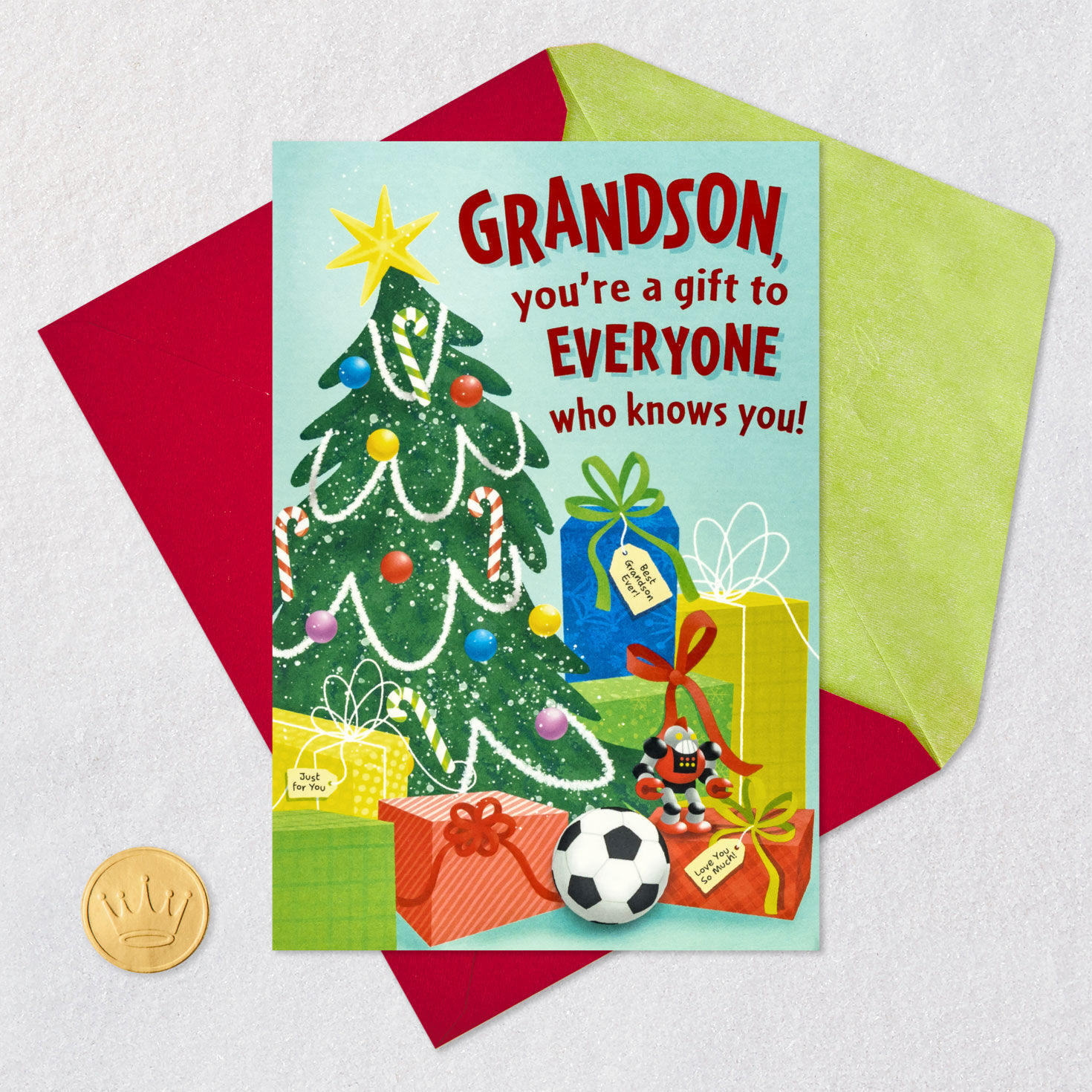 Pop-Up Tree with Gifts Christmas Card for Grandson Card Front with Envelope and Gold Seal image number 5
