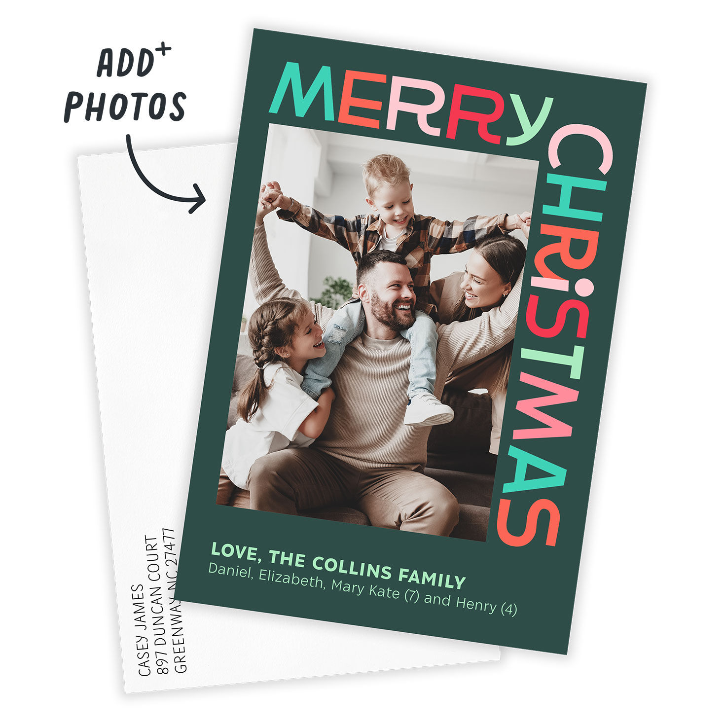 Large Colored Letters Personalized Christmas Photo Card Card with Envelope indicating personalization image number 2