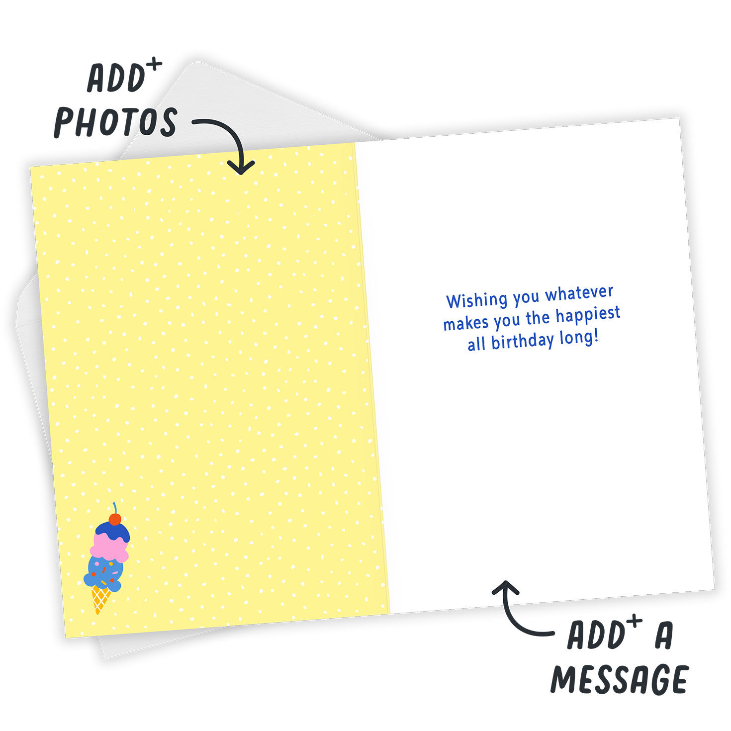 Icons Striped Letters Personalized Birthday Card Open Card with Envelope indicating personalization image number 3