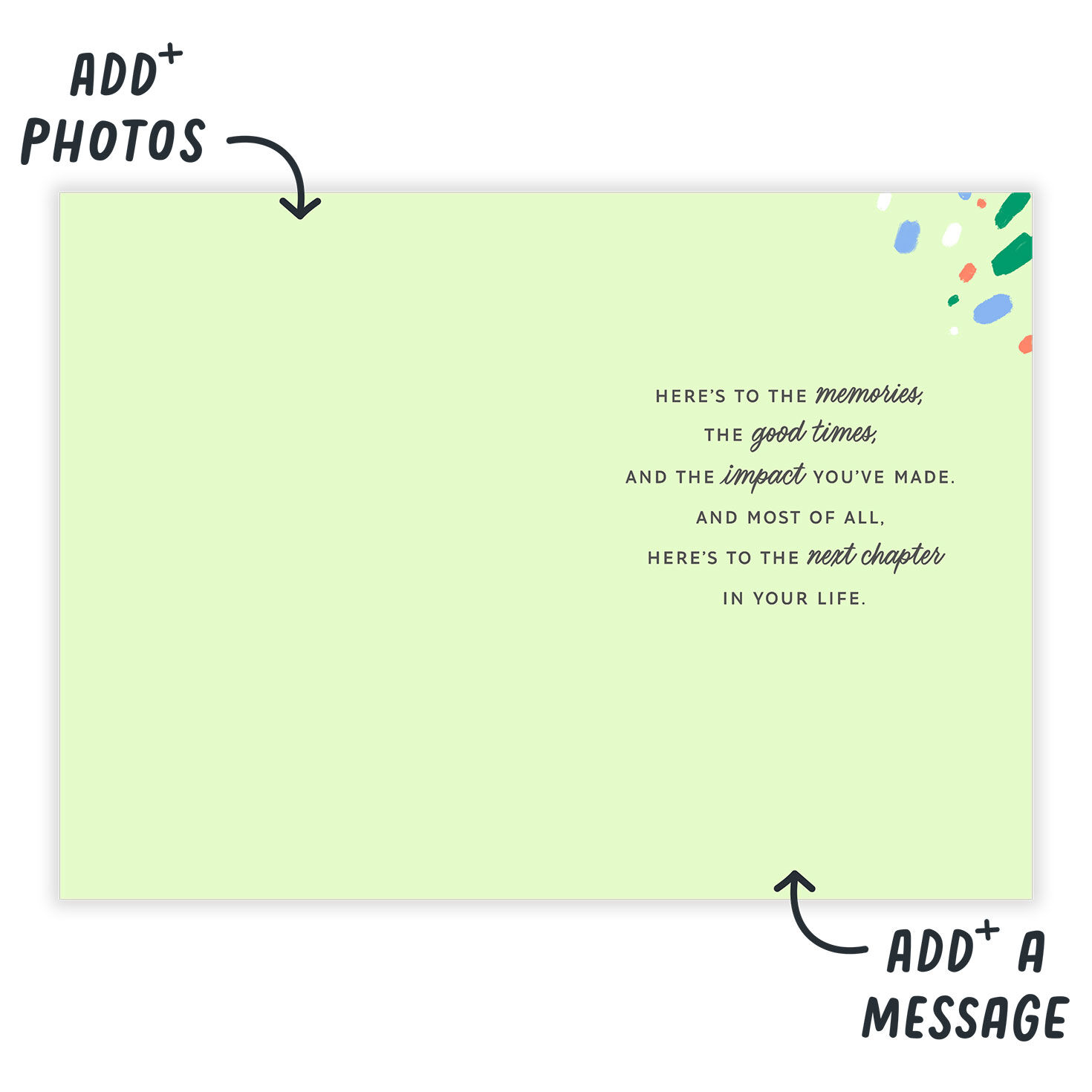 Red Green Splatter Personalized Retirement Card Open Card indicating personalization image number 3