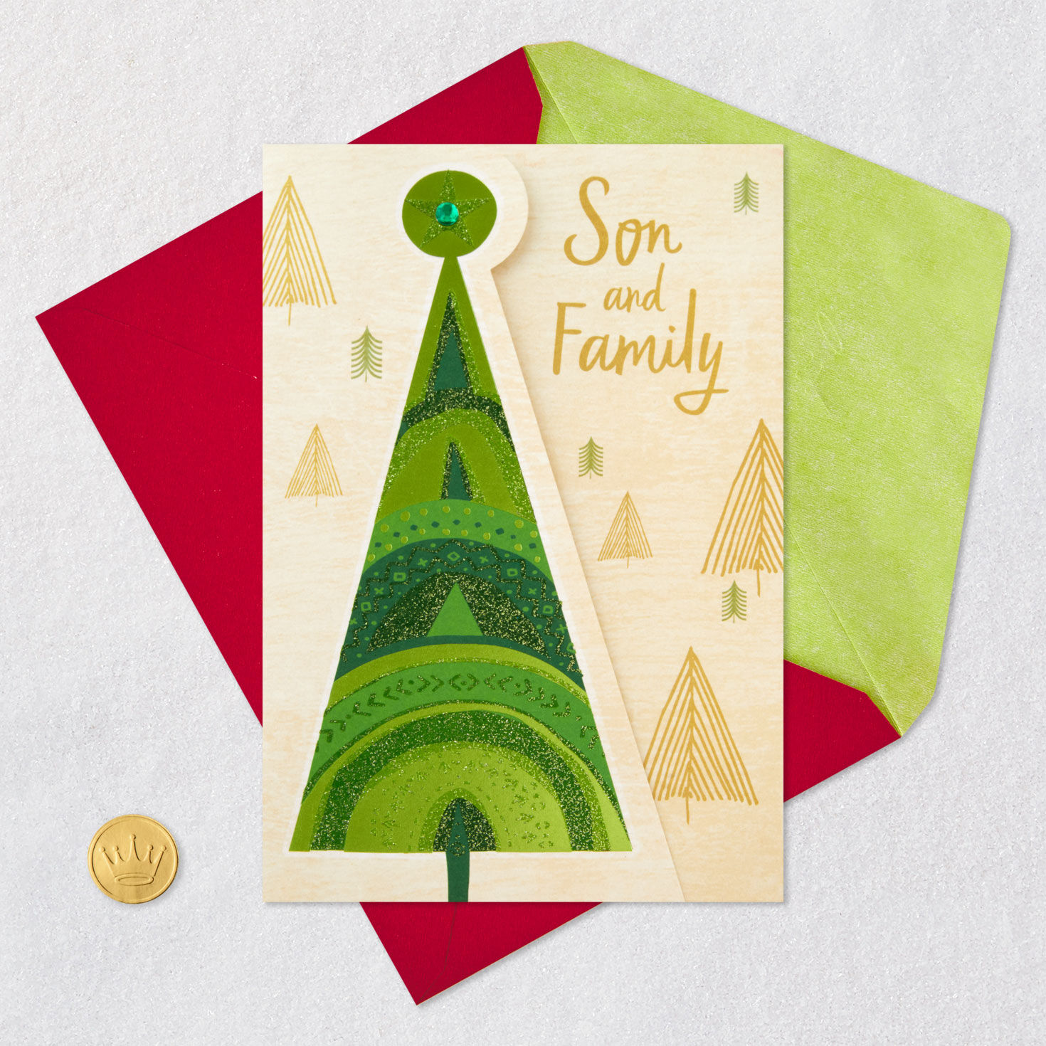 Green and Gold Trees Christmas Card for Son and Family Card Front with Envelope and Gold Seal image number 7
