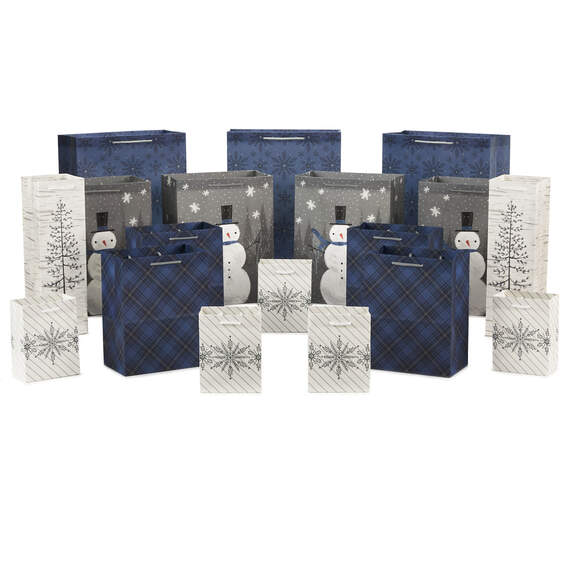 Bulk Blue and Gray 18-Pack Holiday Gift Bags, Assorted Sizes and Designs, , large image number 1