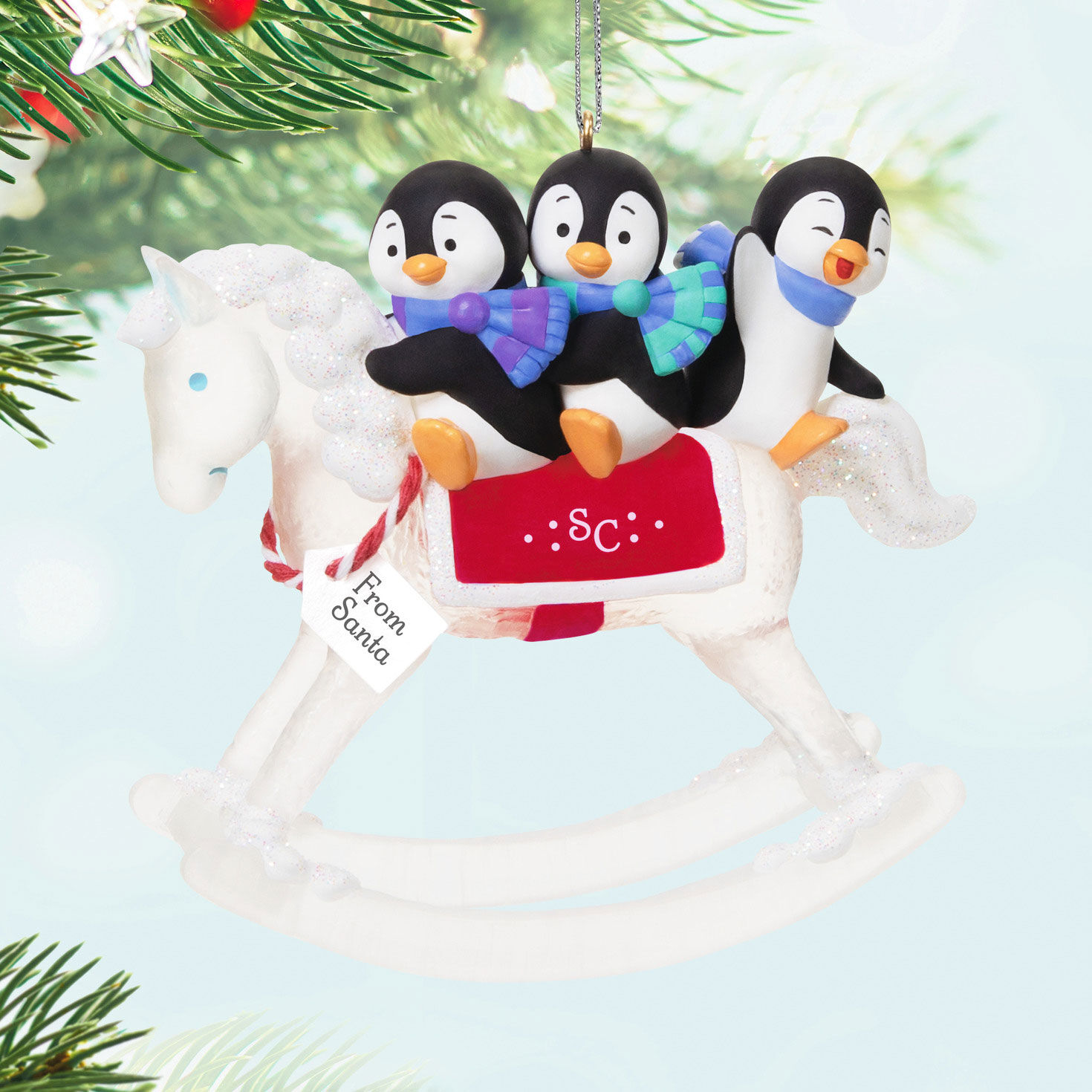 Penguins on Rocking Horse Keepsake Ornament Hanging on tree image number 2