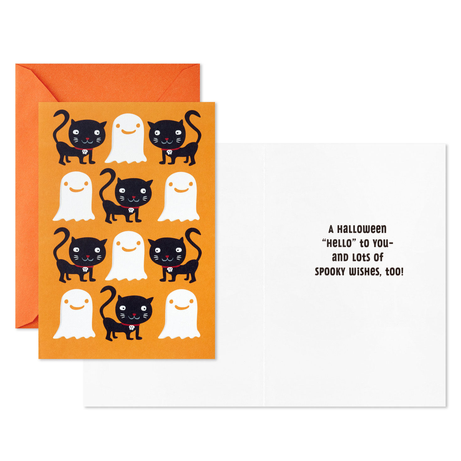 Ghosts and Cats on Orange Halloween Cards Pack Card Front with Sentiment image number 2