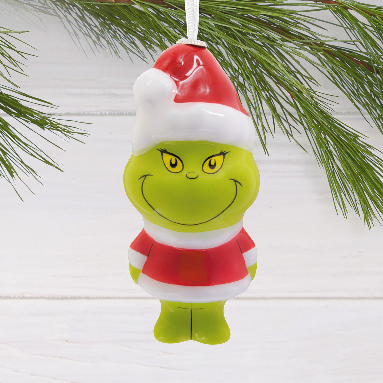 Grinch in Santa Outfit Christmas Ornament hanging on tree image number 2