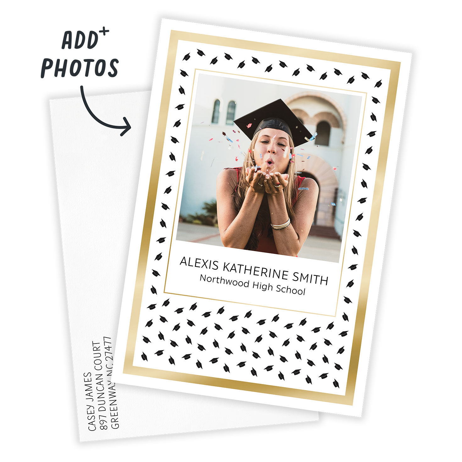 Gold Border Grad Hats Personalized Grad Announcement Card Front indicating personalization image number 2