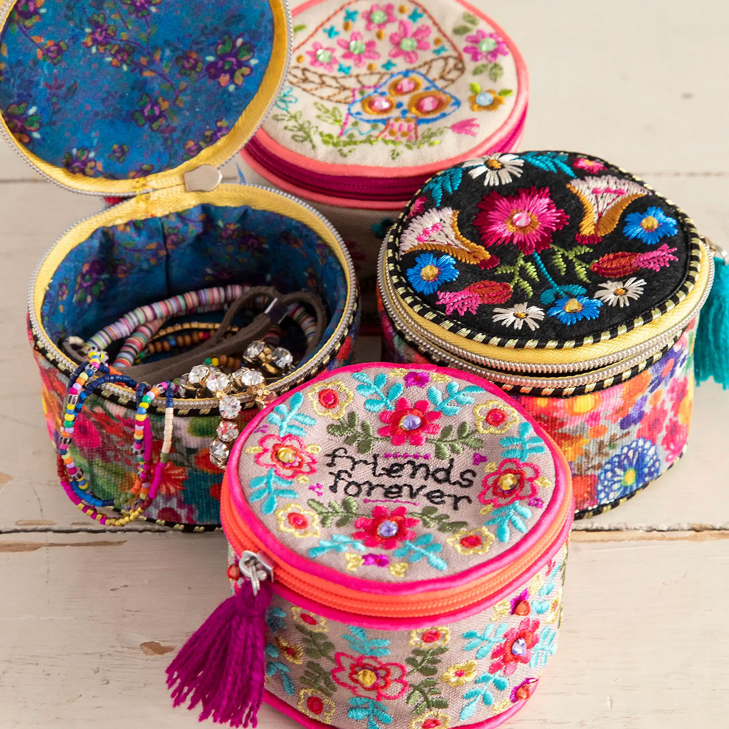 Embroidered Round Jewelry Case With Zippered Lid grouped open and closed image number 2