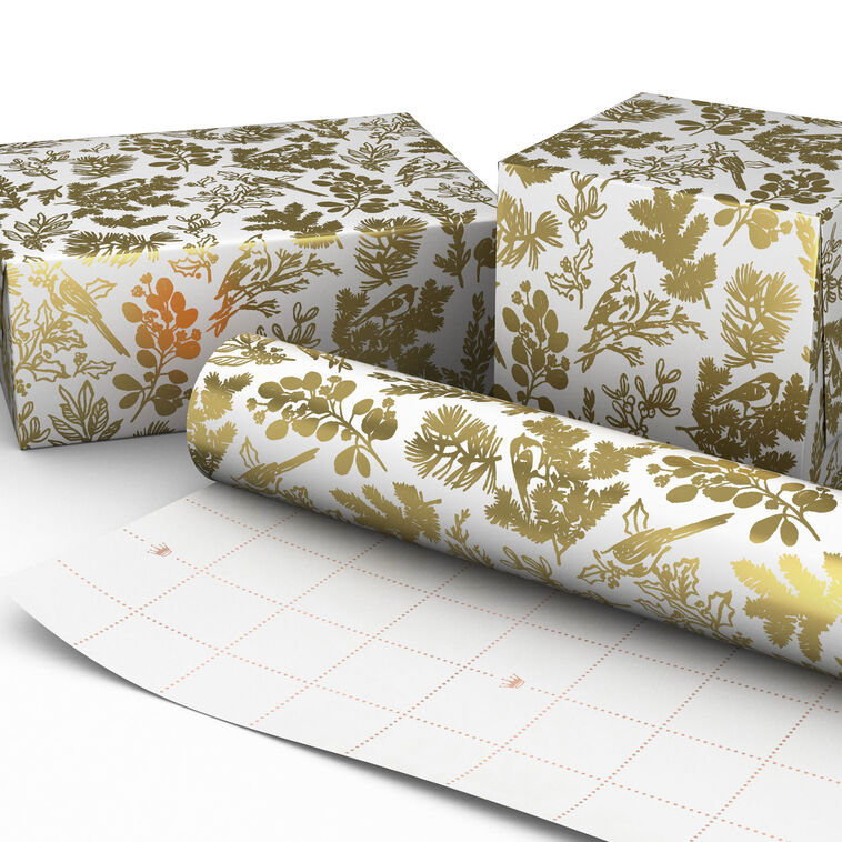Gold Birds and Botanicals on White Wrapping Paper Wrapped pkg image number 2