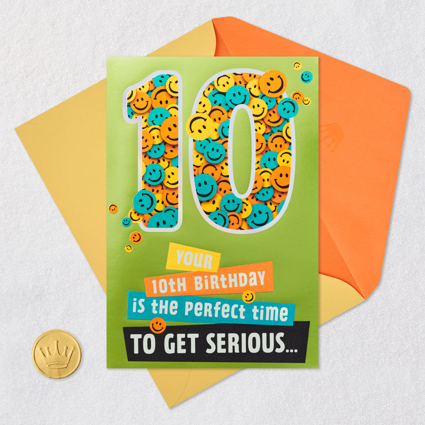 Smiley Faces 10th Birthday Card Card Front with Envelope and Gold Seal image number 5