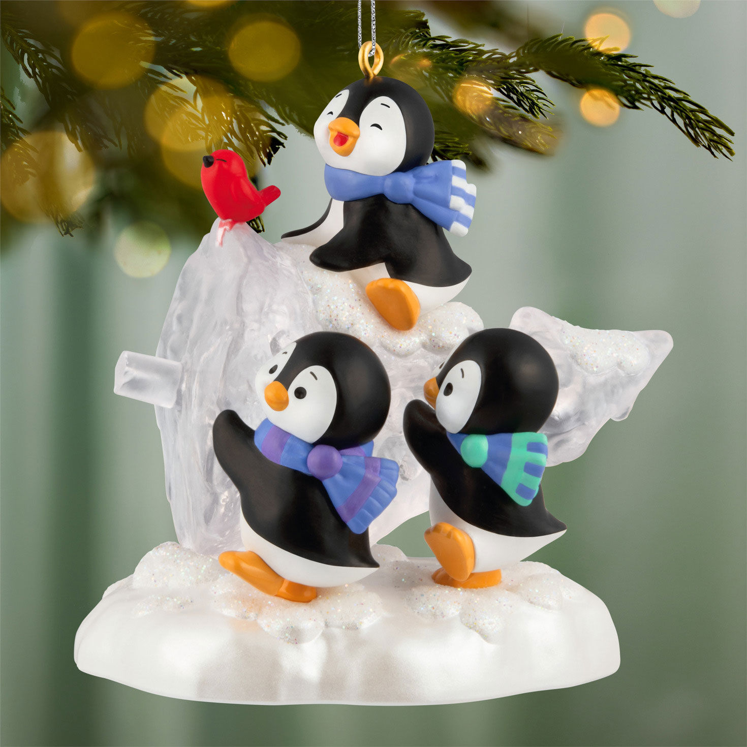 Penguins on Ice Tree Keepsake Ornament hanging on tree image number 2