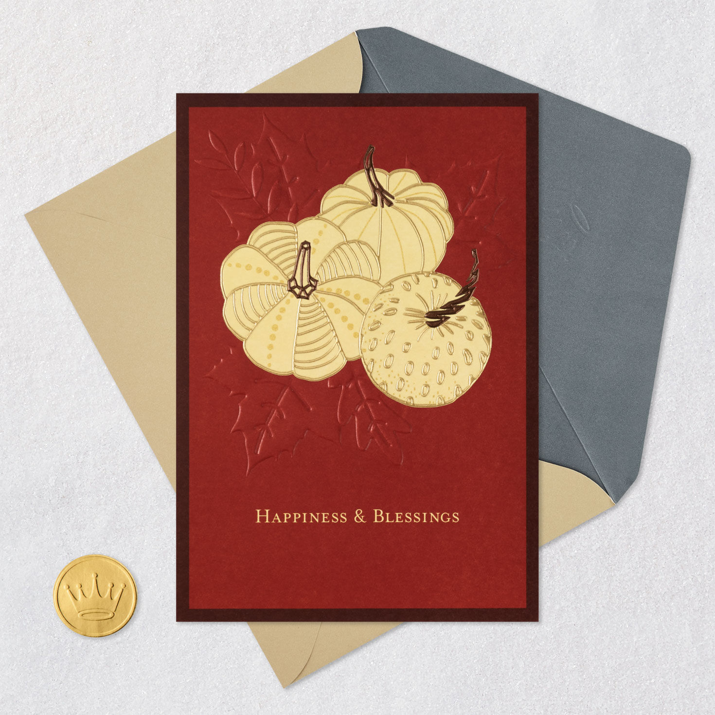 Pumpkins and Leaves Thanksgiving Card Card Front with Envelope and Gold Seal image number 6