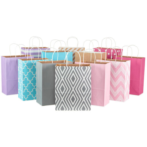12.5" 12-Pack Assorted Kraft Paper Gift Bags, 