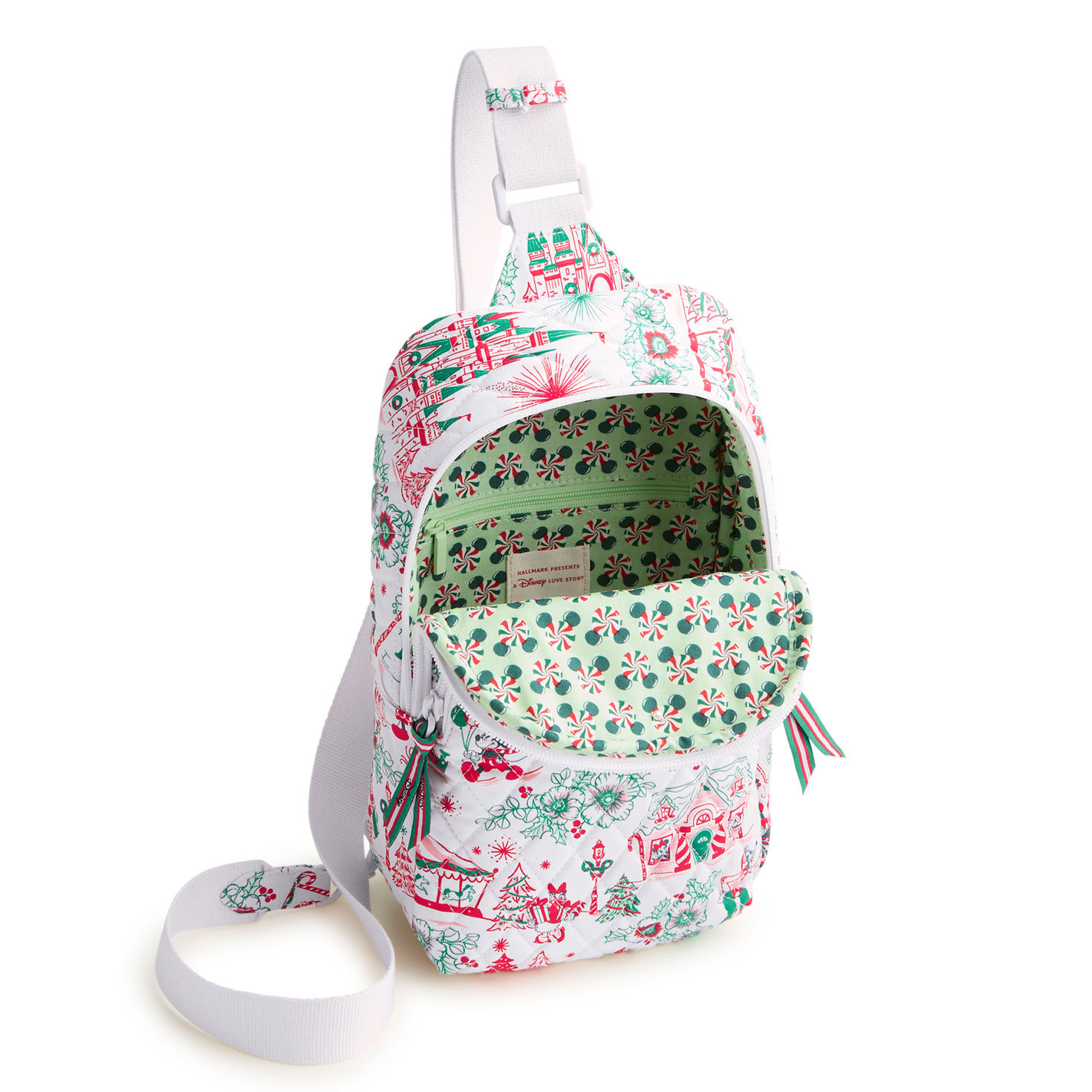 Pink Green Holiday Disney Fabric Sling Backpack Open image number 3