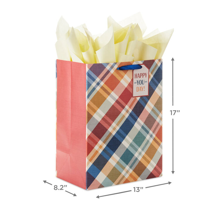 17" Brown and Blue Plaid Extra-Deep Gift Bag With Tissue Paper, , large image number 3