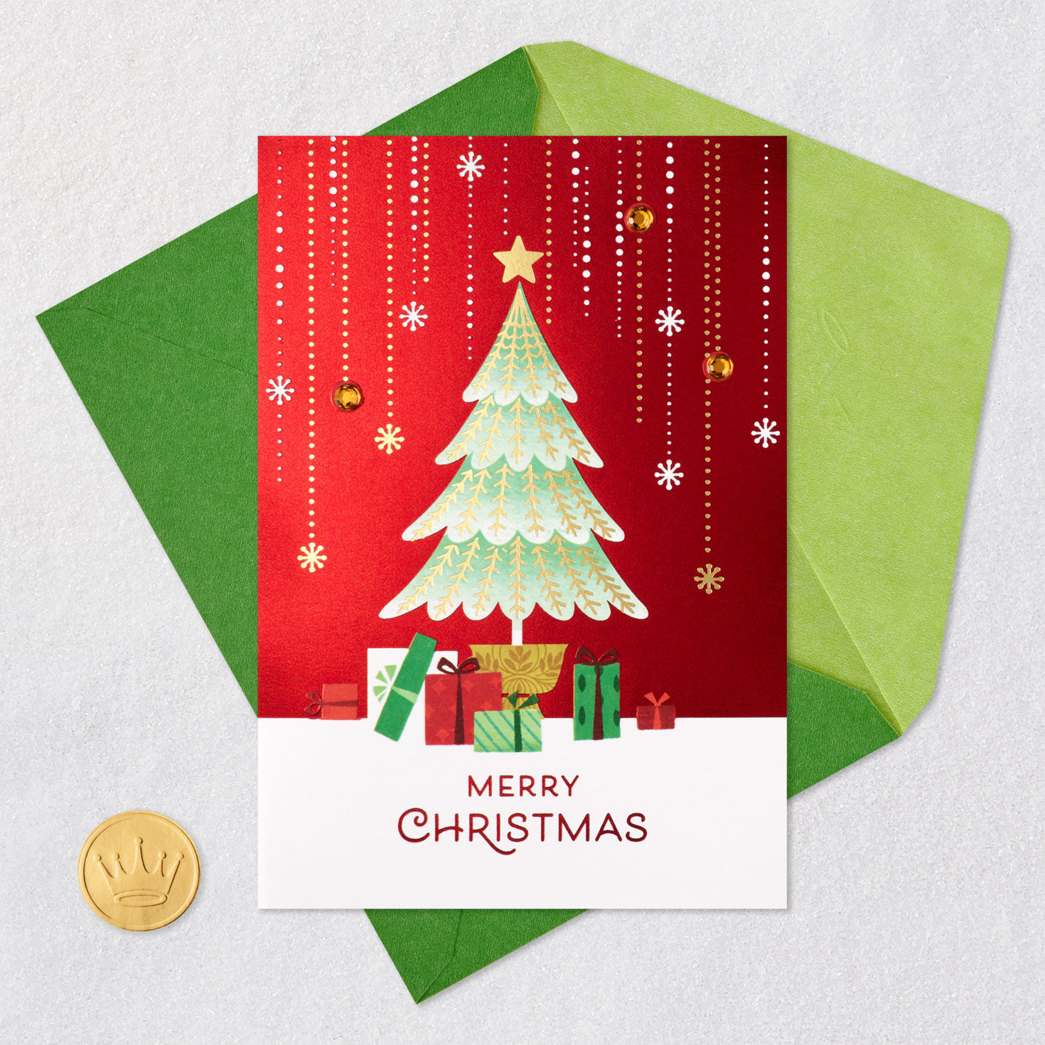 Modern Tree with Gems on Red Christmas Card Card with envelope and Seal image number 6