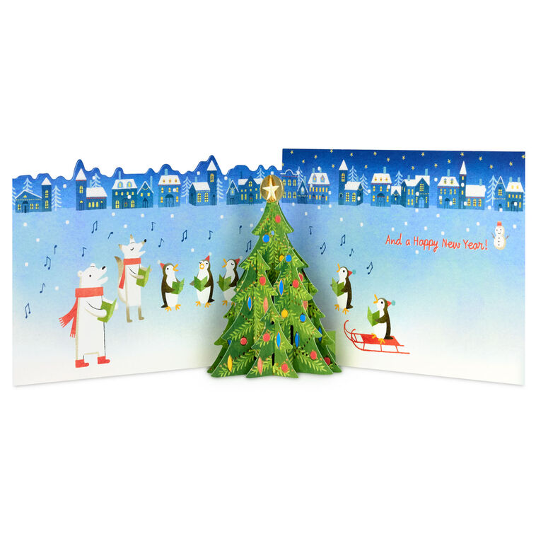 Polar Bear and Penguin Carolers Pop-Up Christmas Card Open card with envelope image number 2