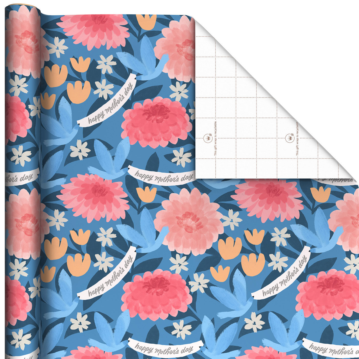 Colorful Blooms on Blue Mother's Day Wrapping Paper Roll, 20 sq. ft.