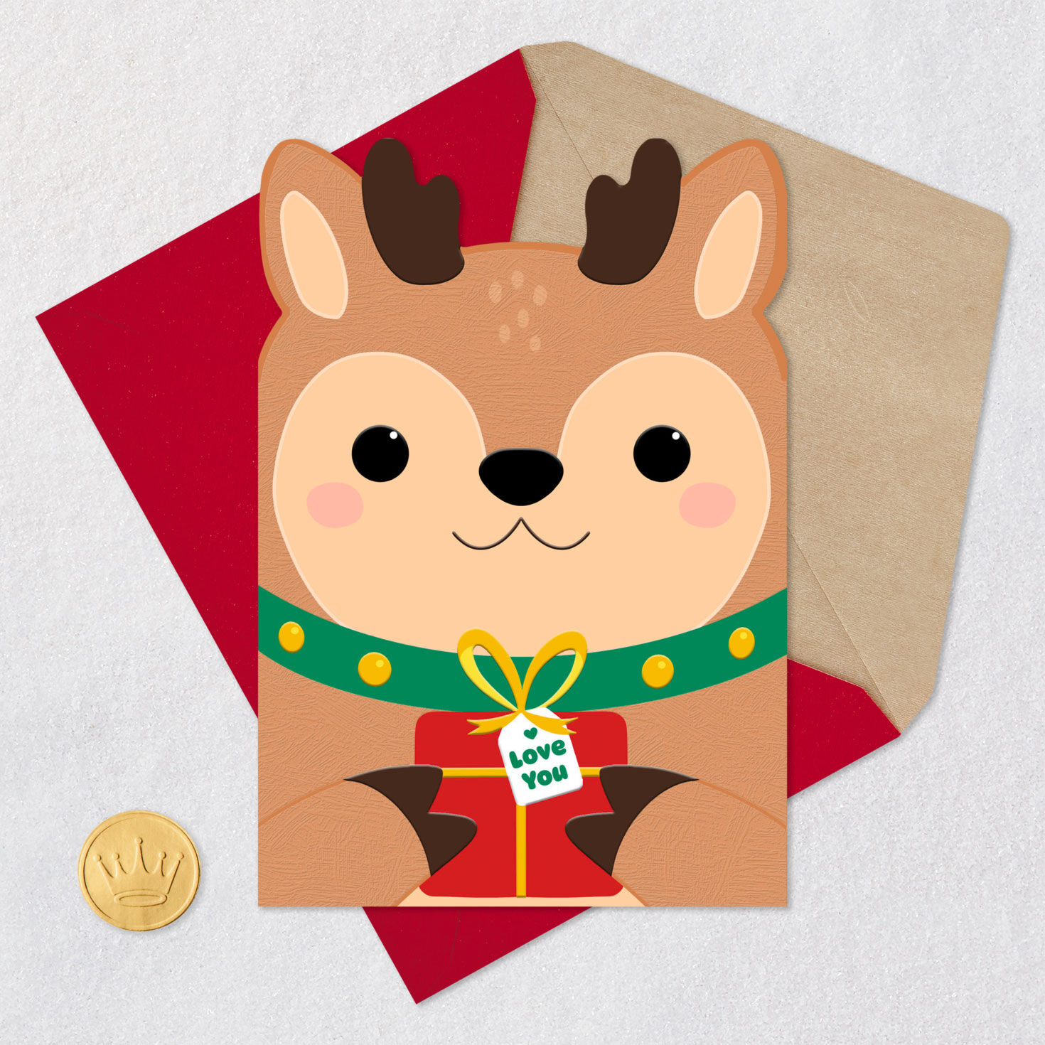 Cute Reindeer Christmas Card for Kids Card Front with Envelope and Gold Seal image number 5