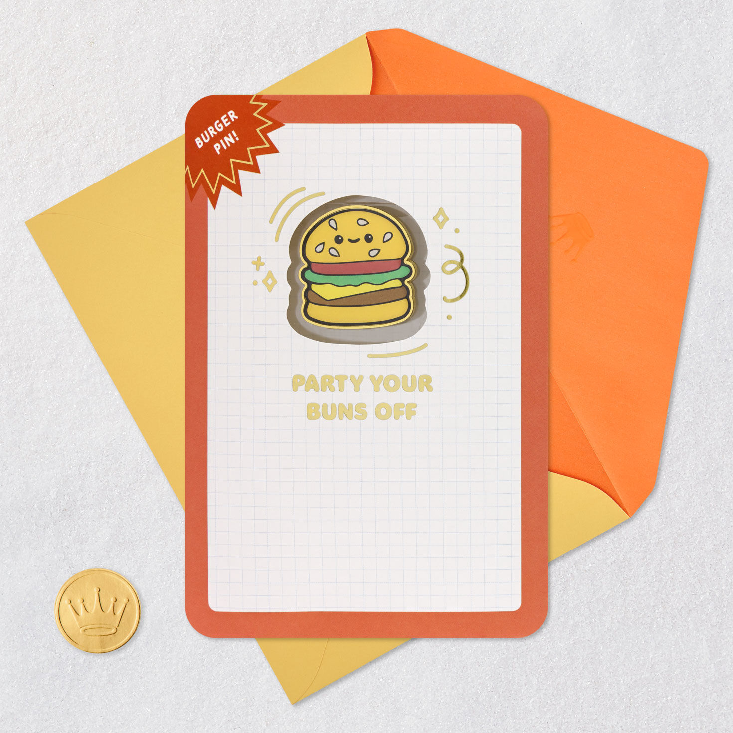 Party Your Buns Off Birthday Card With Hamburger Pin Card Front with Envelope and Gold Seal image number 6