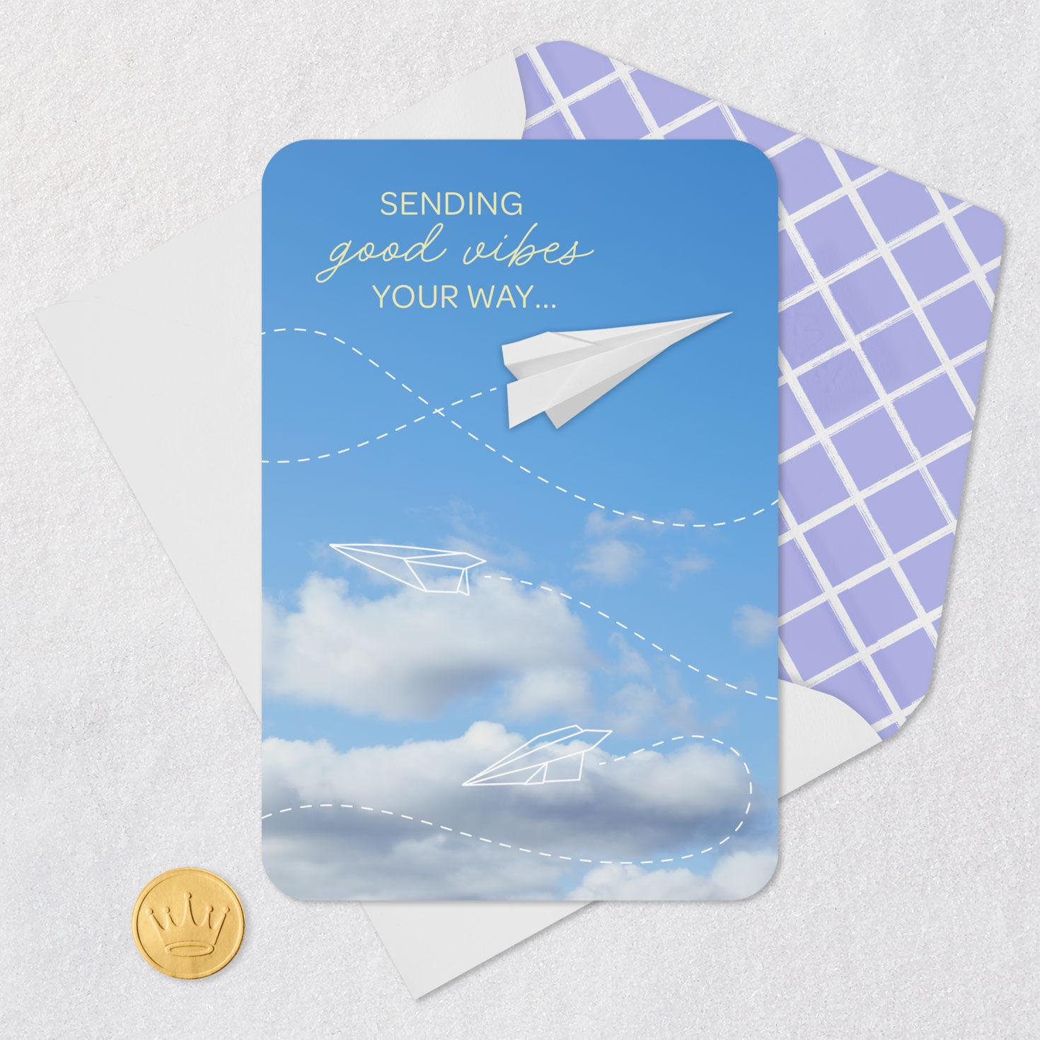 Paper Airplanes in Blue Sky Thinking of You Card Card Front with Envelope and Gold Seal image number 5