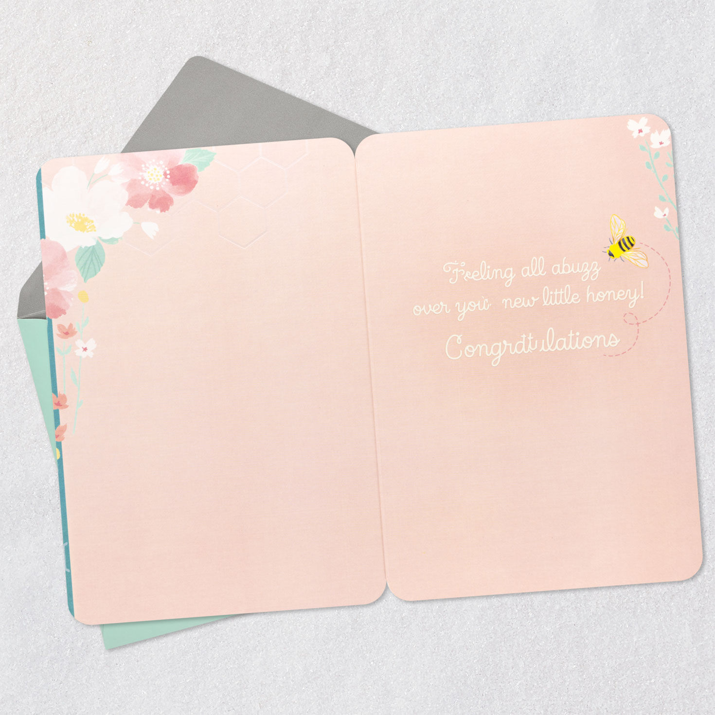 Bees, Hive and Flowers New Baby Girl Card Open card with envelope image number 3