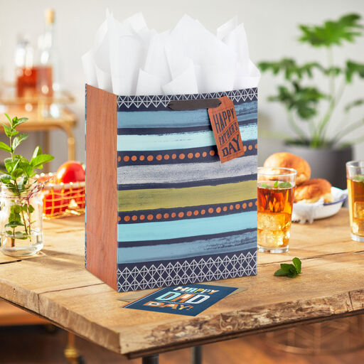 13" Happy Father's Day on Stripes Large Gift Bag With Greeting Card and Tissue Paper, 