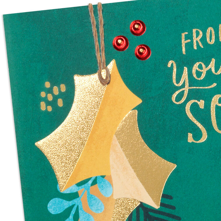 Gold Holly Leaves and Greenery Mom Christmas Card From Son Card Front Detail image number 5