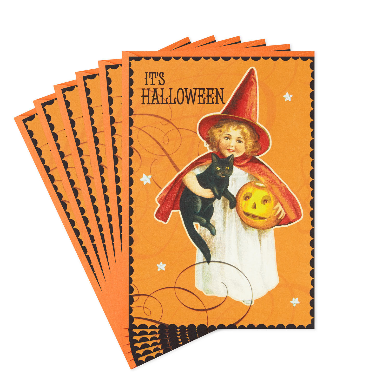 Girl Witch Vintage Art Halloween Cards, Pack of 6