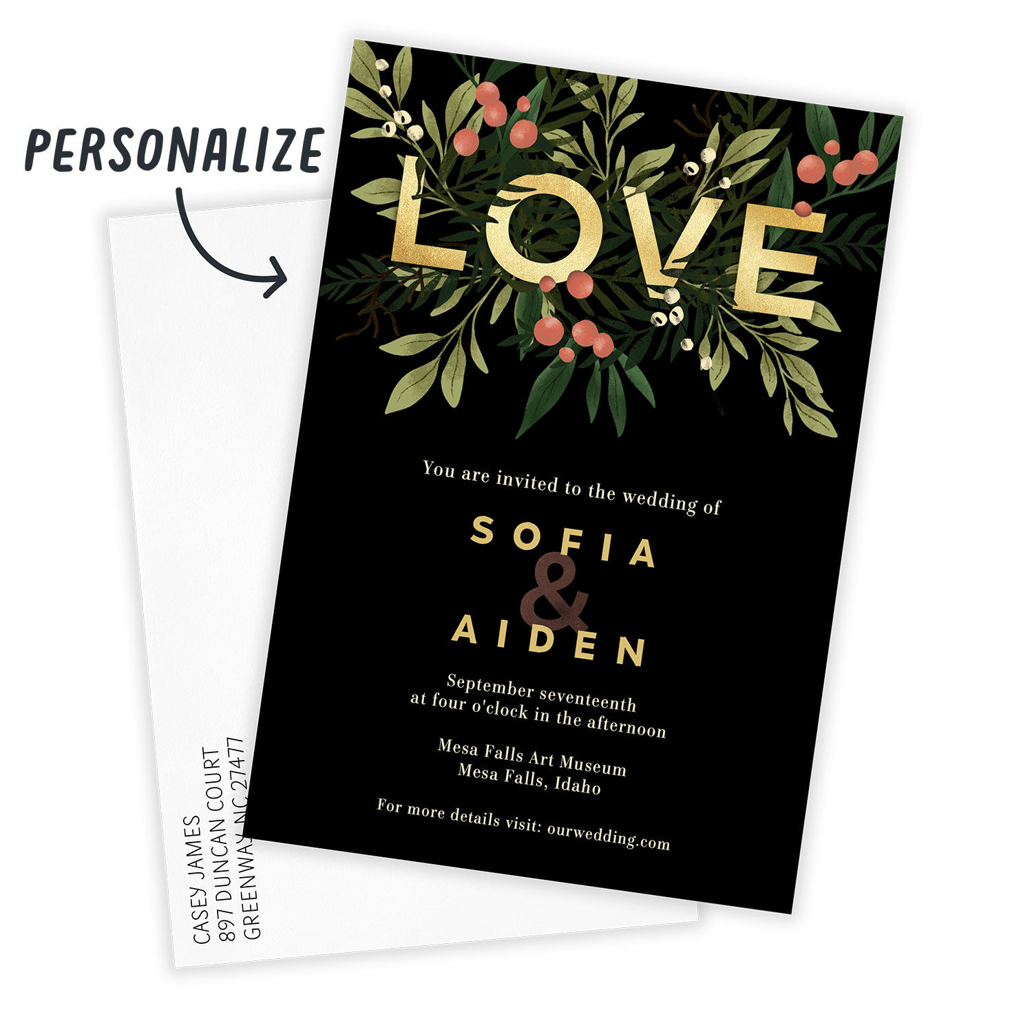Gold Love on Black Personalized Wedding Invitation Card front with Envelope indicating personalization image number 2