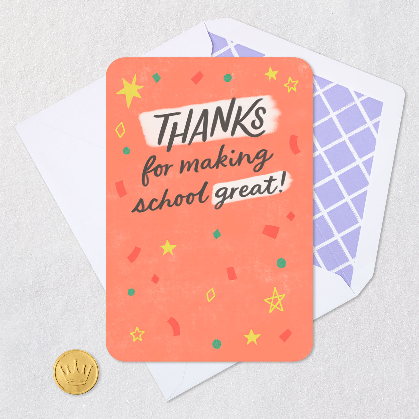 Coral Confetti Thank You Card for Teacher or Para Card Front with Envelope and Gold Seal image number 5