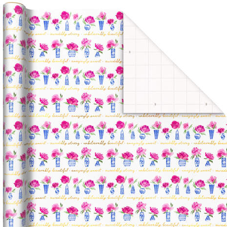 Pink Flowers in Blue Vases Wrapping Paper, 25 sq. ft., , large