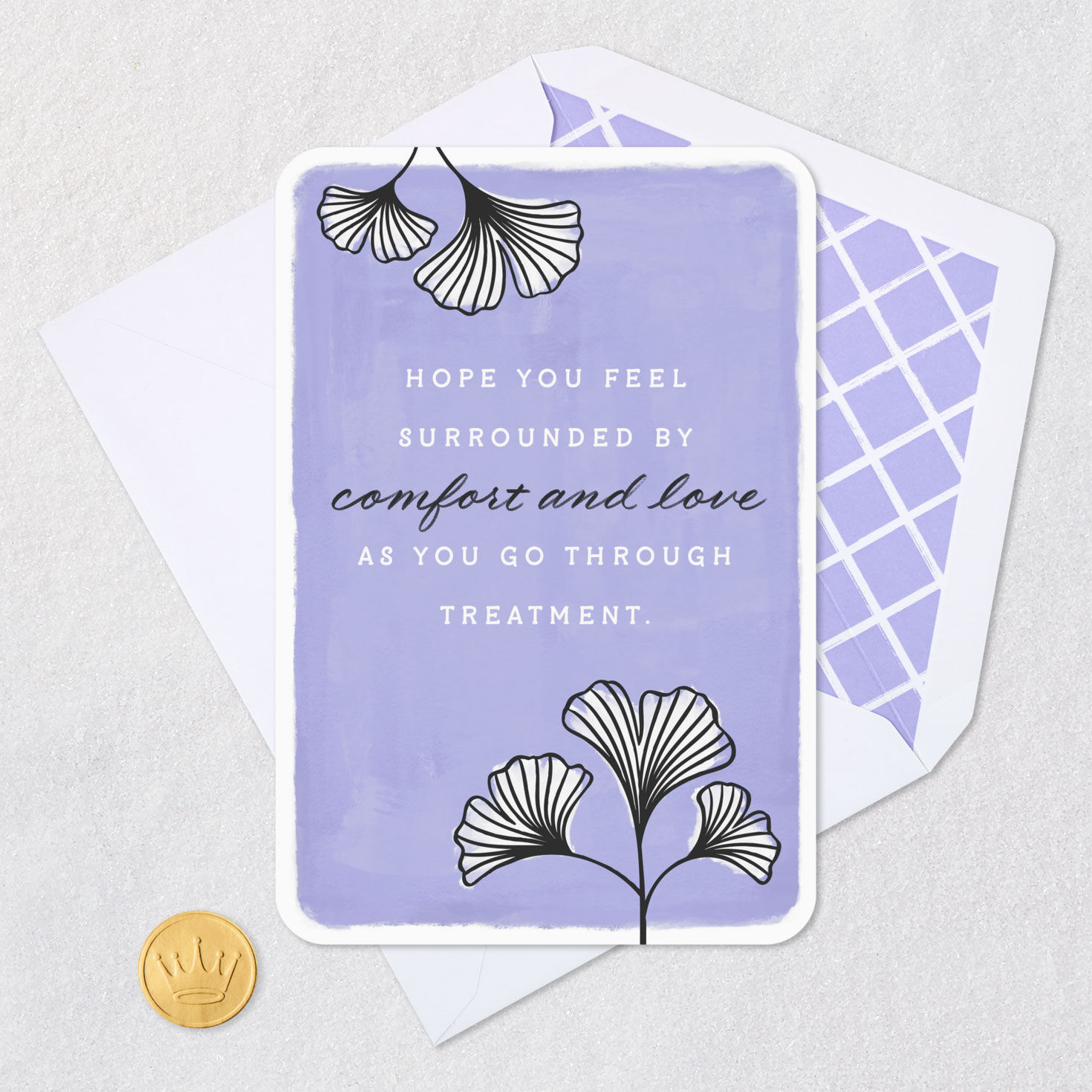 Periwinkle Ginkgo Support Card for Cancer or Rehab Card Front with Envelope and Gold Seal image number 5