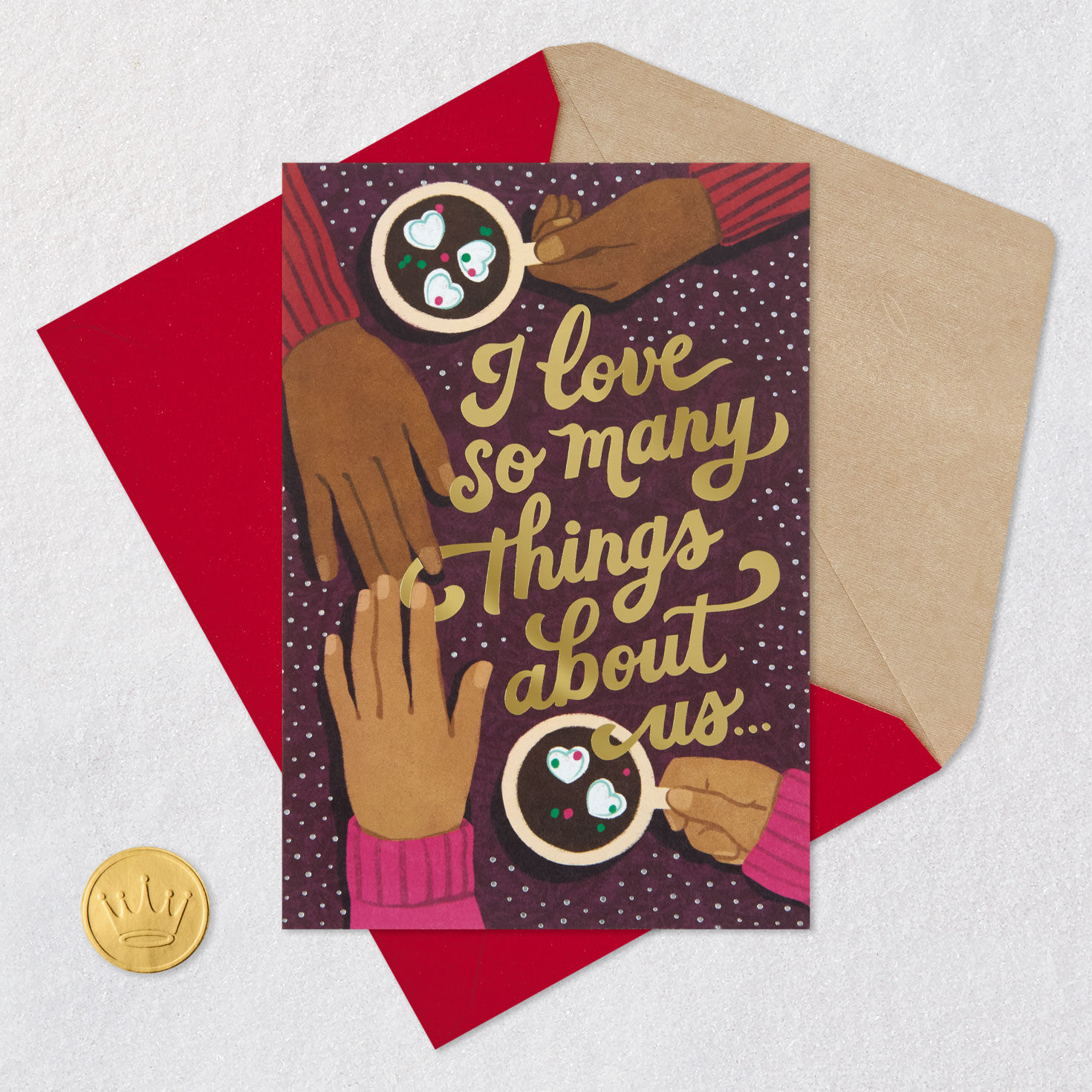 Black Hands with Mugs of Cocoa Christmas Card for Spouse Card Front with Envelope and Gold Seal image number 7