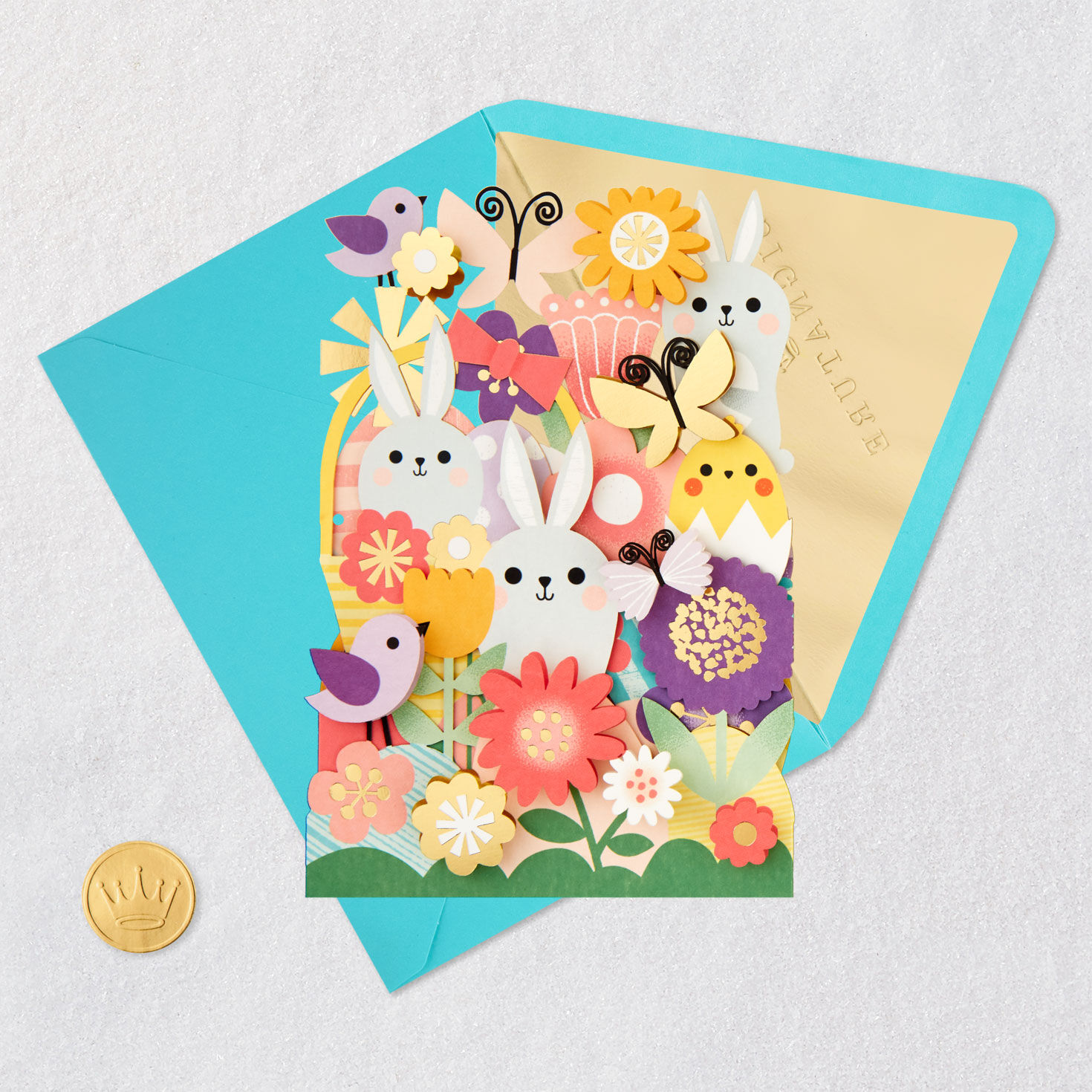 Cute Animals and Flowers Fold Out Easter Card Card Front with Envelope and Gold Seal image number 6