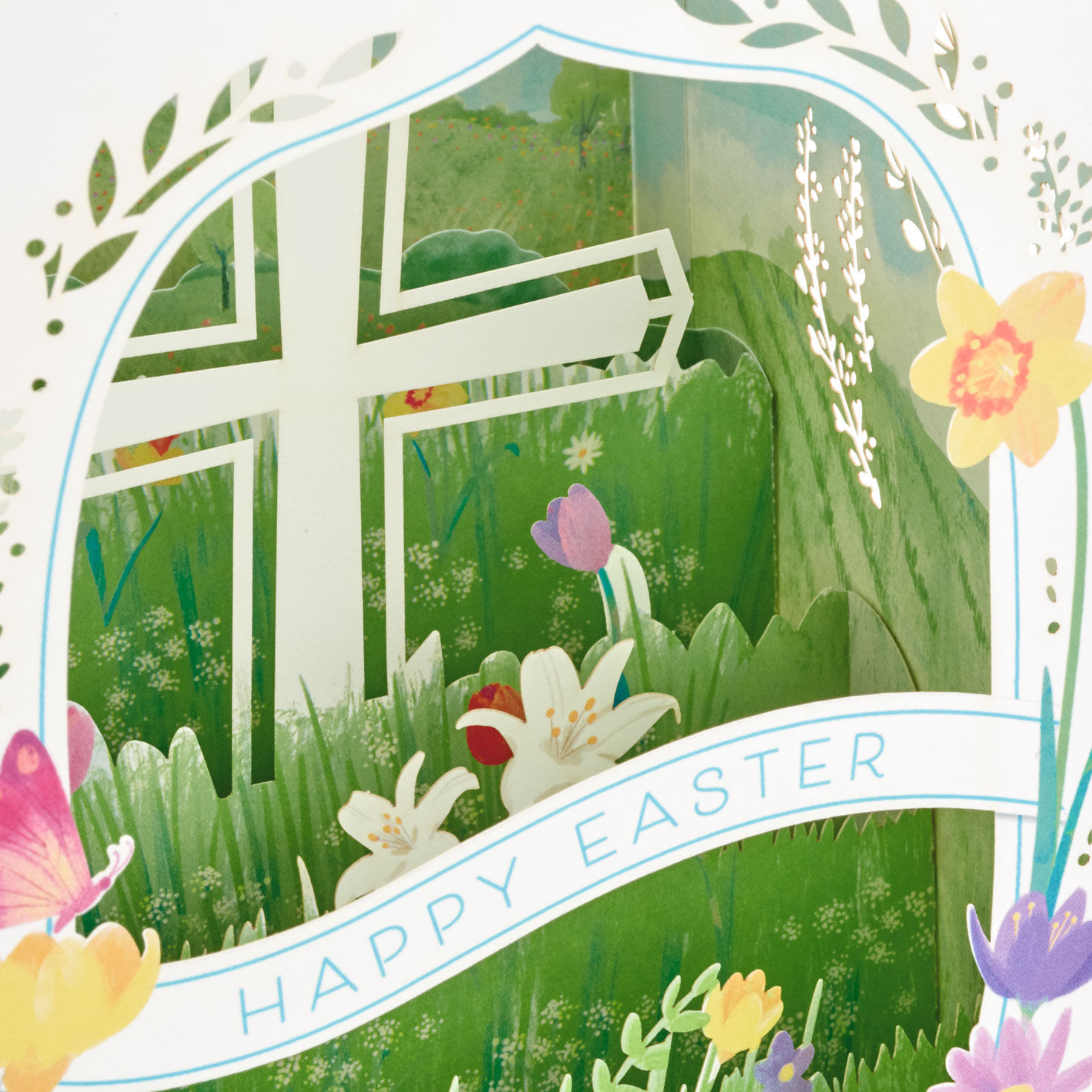 Cross in Grassy Field Pop-up Diorama Easter Card upclose view image number 4