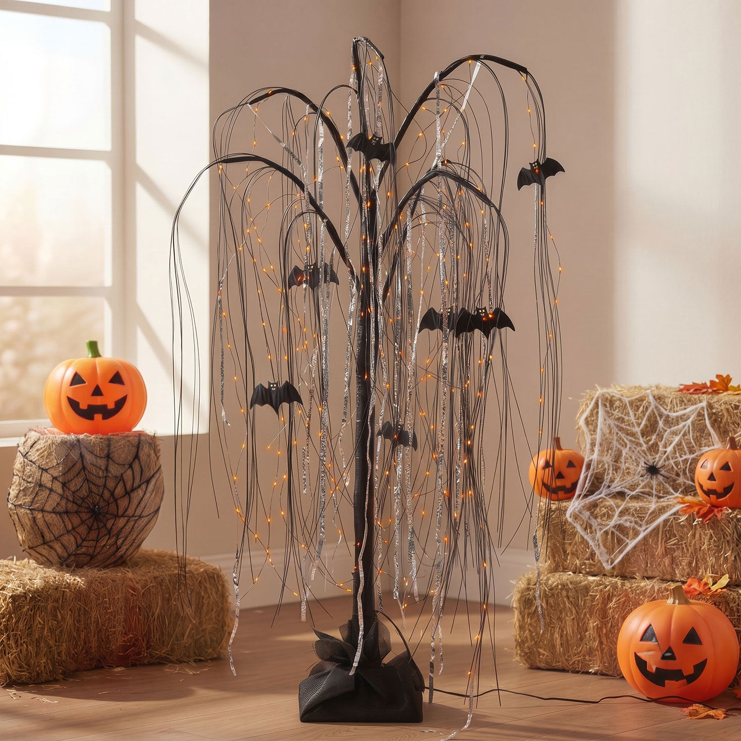 4 ft Electric Black Willow Halloween Tree with Bats and Orange Micro LEDs in use image number 2