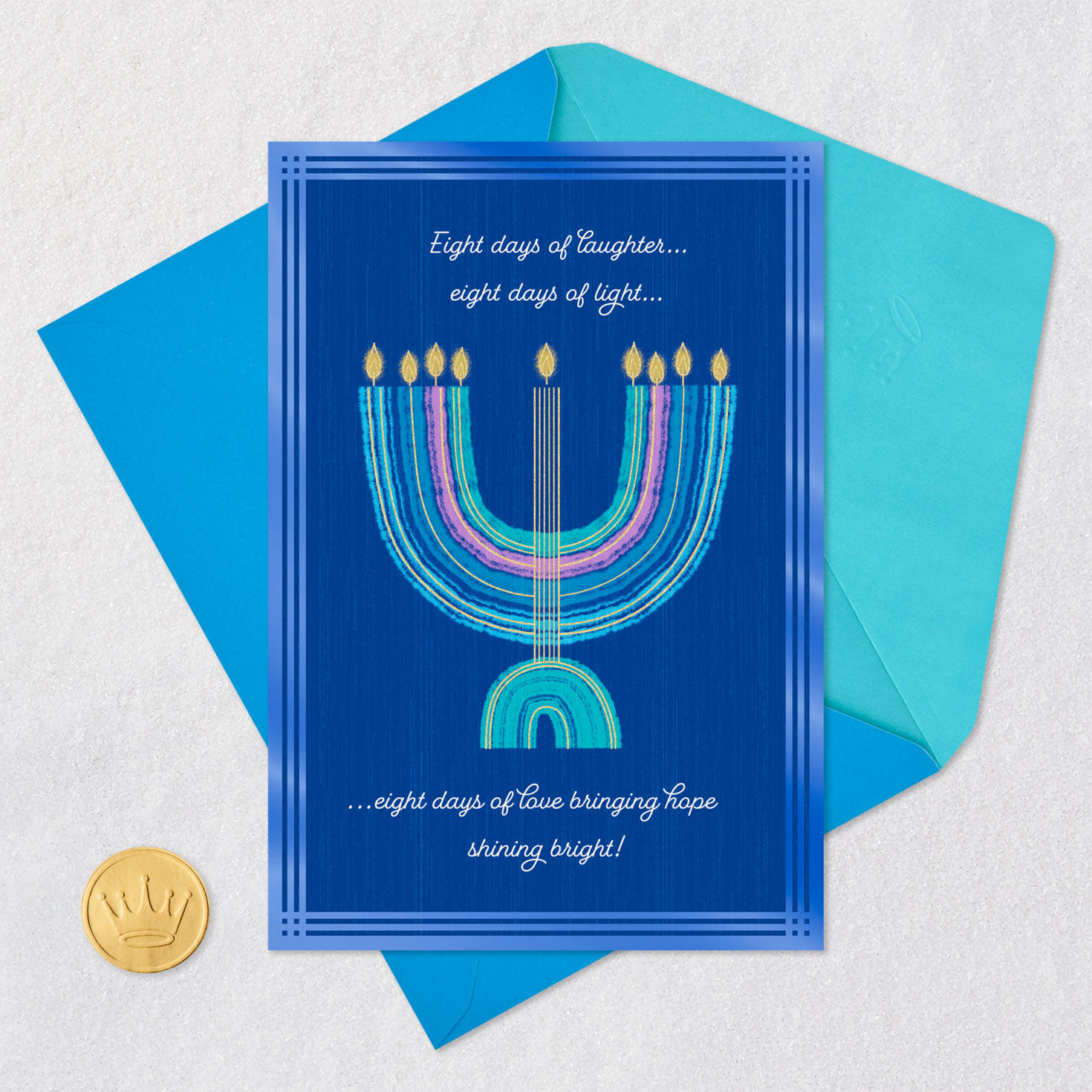 Colorful Menorah on Blue Hanukkah Card Card Front with Envelope and Gold Seal image number 5