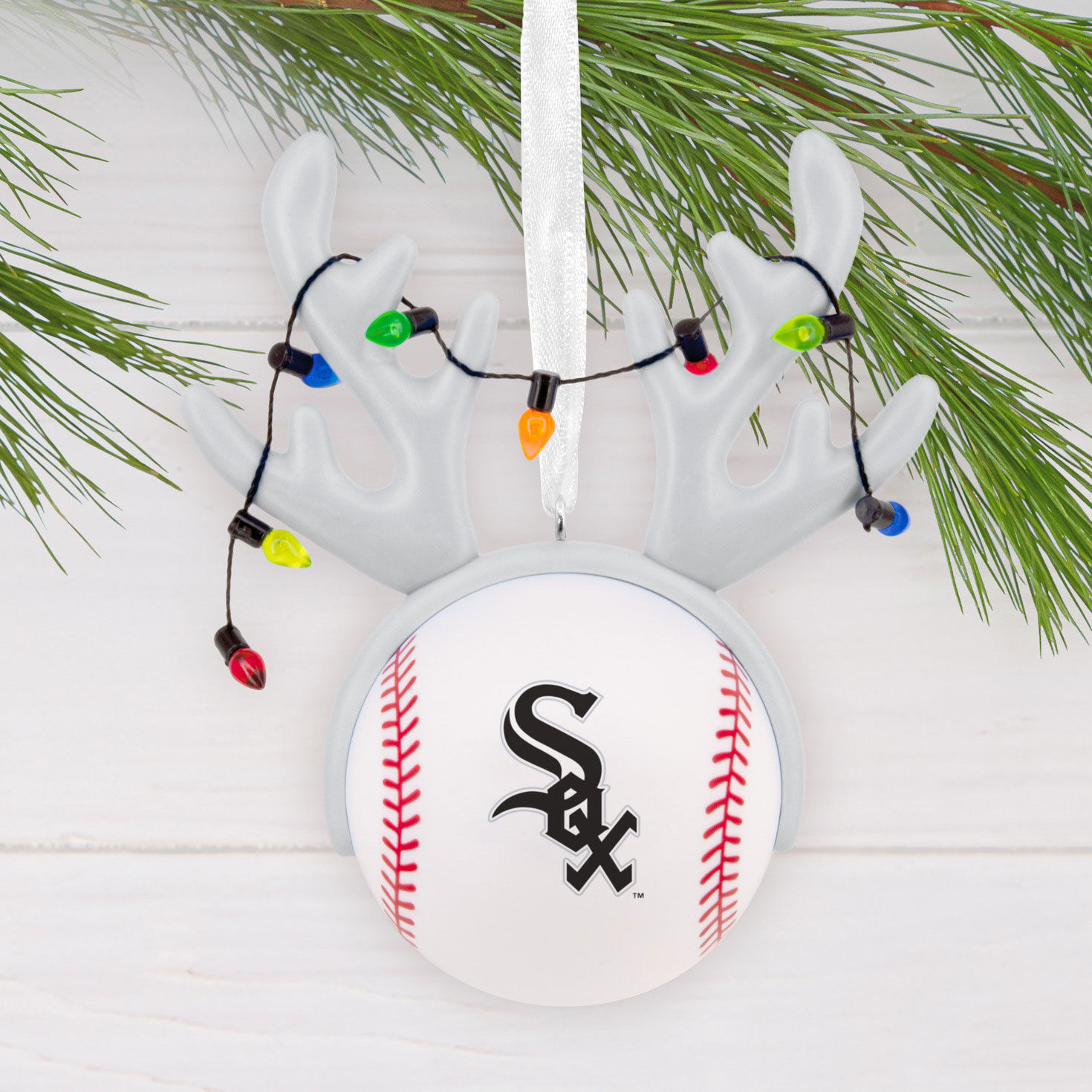 White Sox Reindeer Baseball Christmas Ornament hanging on tree image number 2