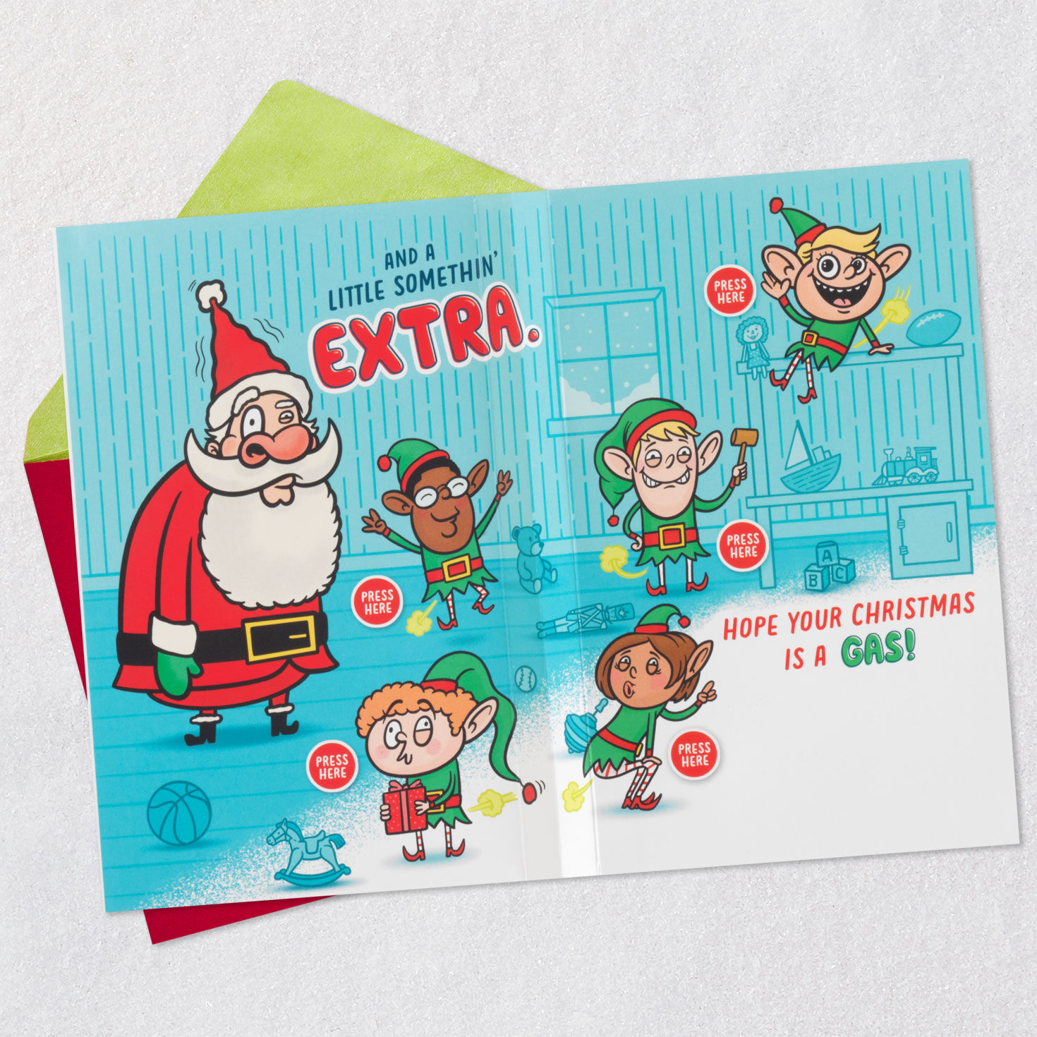 Santa and Farting Elves Funny Christmas Card With Sound Open card with envelope image number 4
