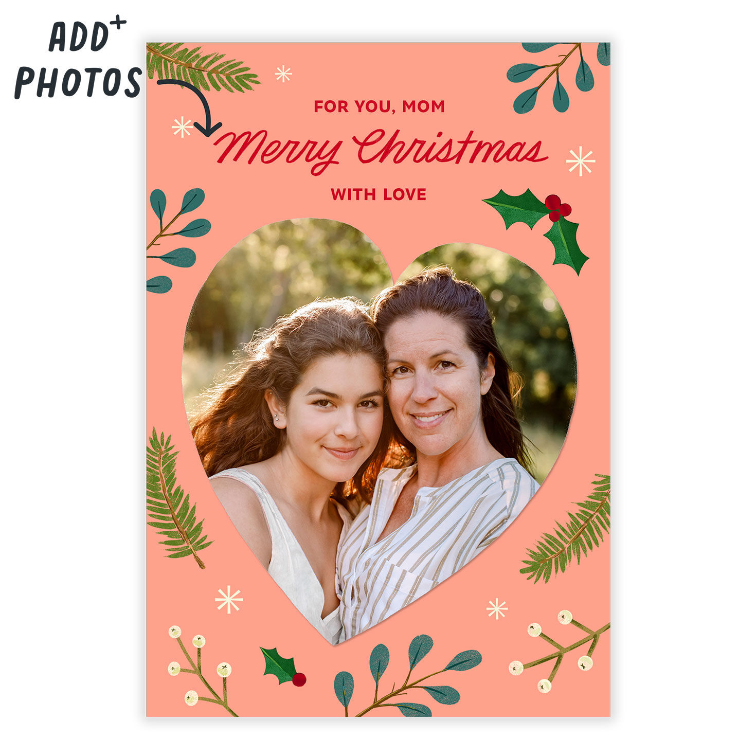 Heart Photo Personalized Christmas Card for Mom Card Front indicating personalization image number 2